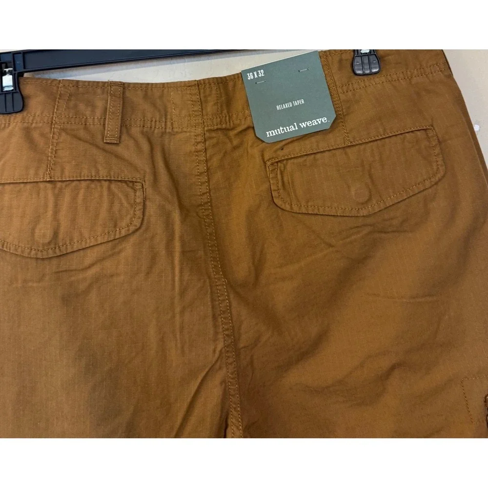 Mutual Weave Cargo Pants Men 36x32 Brown Relaxed Taper Ripstop Cotton UtilityNEW